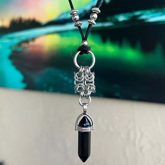 Handmade maille necklace with black obsidian bullet adjustable choker boho goth - Picture 5 of 16